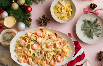 Receita de Camusquim de Camarão Natalino, super tradicional, feito com macarrão papardelle, camarões, servida cremosa