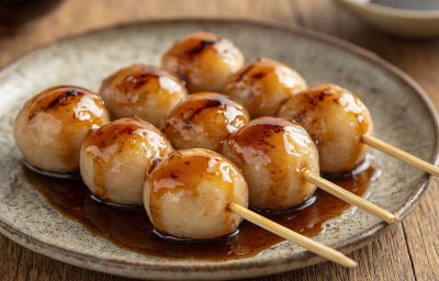 Doce japonês de cor branca em formato de bolinha, grelhado e coberto com uma calda