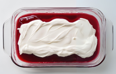 Fotografia vista de cima de um pavê de chocolate branco com frutas vermelhas dentro de um recipiente refratário de vidro retangular sobre uma mesa cinza. Por cim do paVê de calda de frutas vermelhas e o creme branco. Fotografia vista de cima de um pavê de chocolate branco com frutas vermelhas dentro de um recipiente refratário de vidro retangular sobre uma mesa cinza. Por cim do paVê de calda de frutas vermelhas e o creme branco.