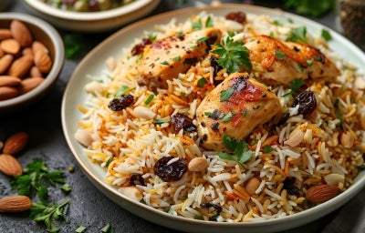Em cima de uma mesa, prato branco redondo com arroz soltinho, cenoura, uvas-passas, amendôas e frango picado, decorado com folhas de salsa.