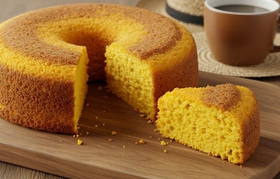 Fotografia de um bolo de milho recém-assado, com textura macia e esponjosa. Apresenta uma crosta dourada e um furo no centro, servido em uma tábua de madeira, ao lado de uma xícara de café.