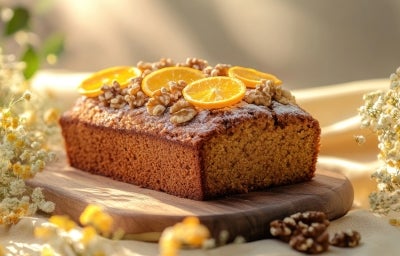 Fotografia de um bolo de laranja com nozes, apresentado em uma tábua de madeira. O bolo possui uma crosta dourada e é polvilhado com açúcar de confeiteiro, decorado com fatias de laranja e nozes.