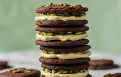 Fotografia mostra uma pilha de cookies de chocolates recheados com um creme esverdeado e pistache. Fotografia mostra uma pilha de cookies de chocolates recheados com um creme esverdeado e pistache.