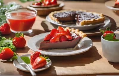 Fotografia de uma fatia de torta de chocolate com calda de morango por cima. a torta está em um prato de vidro branco pequeno, o qual está sobre uma mesa de madeira. Ao redor da torta tem um pote pequeno de vidro com calda de morango e morangos. Fotografia de uma fatia de torta de chocolate com calda de morango por cima. a torta está em um prato de vidro branco pequeno, o qual está sobre uma mesa de madeira. Ao redor da torta tem um pote pequeno de vidro com calda de morango e morangos.