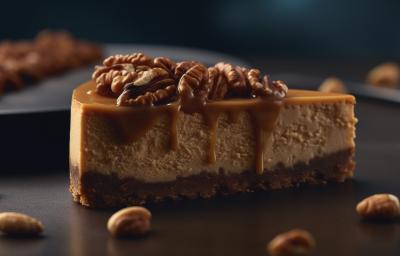 Fotografia mostra uma fatia de cheesecake com camadas de base biscoito, recheio de chocolate e cobertura de caramelo salgado brilhante, decorada com castanhas caramelizadas. Fotografia mostra uma fatia de cheesecake com camadas de base biscoito, recheio de chocolate e cobertura de caramelo salgado brilhante, decorada com castanhas caramelizadas.