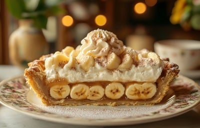 Em cima de uma mesa, prato com metade de uma banoffee com massa de biscoitos crocante, doce de leite, bananas em rodelas, decorado com chantilly cremoso, banana em rodelas e cacau em pó. Em cima de uma mesa, prato com metade de uma banoffee com massa de biscoitos crocante, doce de leite, bananas em rodelas, decorado com chantilly cremoso, banana em rodelas e cacau em pó.
