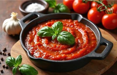 Fotografia de uma mini panela de ferro com uma receita de passata de tomate com folhas de manjericão por cima. A panelinha está sobre uma tábua pequena de madeira sobre uma mesa marrom, ao redor da tábua tem mini tomates, alho inteiro, sal e pimenta. Fotografia de uma mini panela de ferro com uma receita de passata de tomate com folhas de manjericão por cima. A panelinha está sobre uma tábua pequena de madeira sobre uma mesa marrom, ao redor da tábua tem mini tomates, alho inteiro, sal e pimenta.