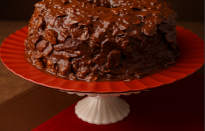 Imagem de um bolo de chocolate escuro sobre um prato vermelho, sobre um pedestal branco, apoiado em uma mesa de madeira com panos marrom e vermelho. O bolo apresneta uma textura crocante, coberto por chocolate. Imagem de um bolo de chocolate escuro sobre um prato vermelho, sobre um pedestal branco, apoiado em uma mesa de madeira com panos marrom e vermelho. O bolo apresneta uma textura crocante, coberto por chocolate.