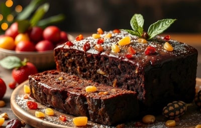 Bolo de frutas escuro e texturizado, coberto com um brilho úmido e decorado com frutas cristalizadas coloridas. Uma fatia foi cortada, revelando um interior denso e rico. O bolo é emoldurado por frutas frescas e um ambiente acolhedor. Bolo de frutas escuro e texturizado, coberto com um brilho úmido e decorado com frutas cristalizadas coloridas. Uma fatia foi cortada, revelando um interior denso e rico. O bolo é emoldurado por frutas frescas e um ambiente acolhedor.