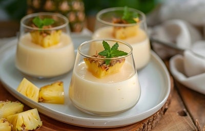 Fotografia de três copos de sobremesa com um creme claro, decorados com pedaços de abacaxi e hortelã. Os copos estão dispostos em um prato oval branco, com pedaços de abacaxi ao redor, em um ambiente acolhedor.