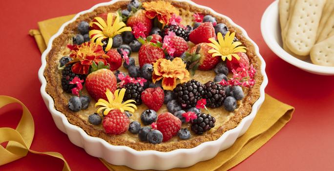 Foto da receita de Torta de Iogurte. Observa-se a torta decorada de frutas vermelhas e flores comestíveis sobre uma superfície vermelha. Ao lado direito, biscoitos inteiros decoram a foto.