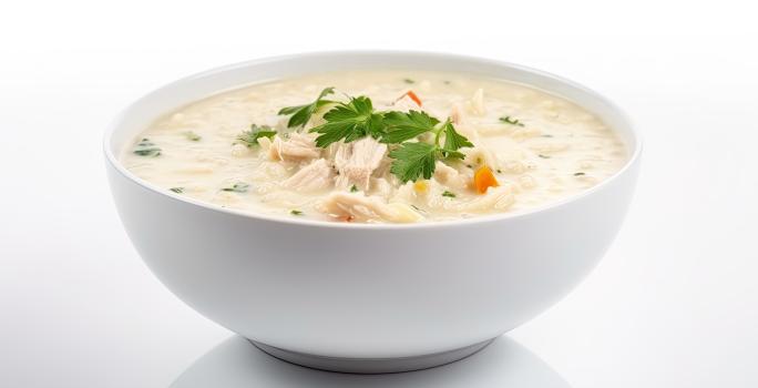 Fotografia em tons claros de um recipiente fundo de vidro na cor branco, e dentro, uma sopa de arroz e galinha com agrião e cenoura. O recipiente está sobre uma mesa branca, com um fundo da mesma cor.