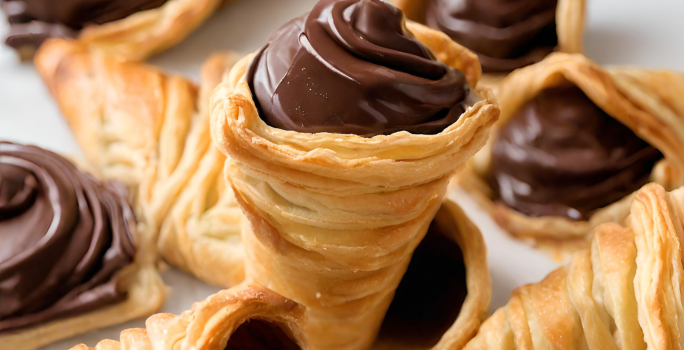 Fotografia mostra uma massa em formato de cone, douradas, recheadas com chocolate.