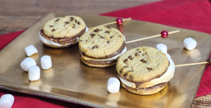 Fotografia mostra marshmallows dourados espetados entre biscoitos com cobertura de chocolate.