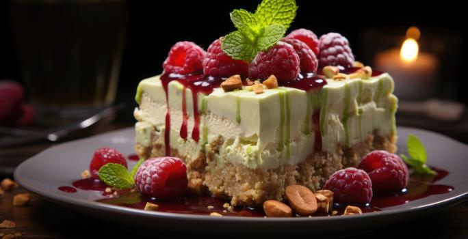 Fotografia de uma fatia grande de torta com base de biscoito, um recheio de cor clara com algumas gotas de cobertura esverdeada. Por cima existem framboesas e amoras, juntamente com uma folha de hortelã.