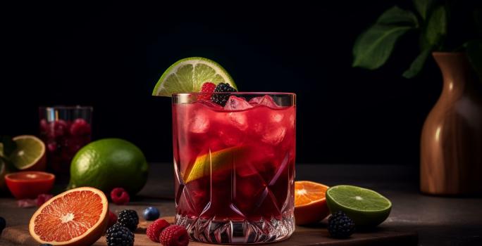Foto da receita de Caipirinha de Frutas Vermelhas Sem Álcool. Observa-se um copo baixo e largo com a bebida dentro cheia de gelo. Frutas vermelhas e limões decoram a foto.