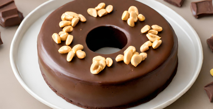 Fotografia de um brigadeirão de chocolate com pedaços de amendoim sobre um prato branco.