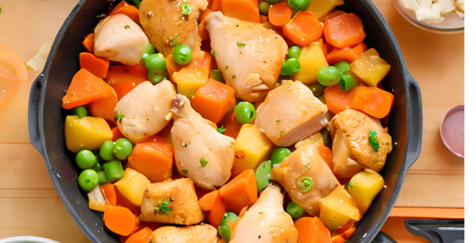 Cubinhos de frango dourados e macio, com pedaços suculentos desmanchando na boca. Dentro da panela ea o redor do frango, uma mistura colorida de legumes frescos, como cenouras cortadas em rodelas, batatas em cubos, ervilhas verdinhas, em uma panela
