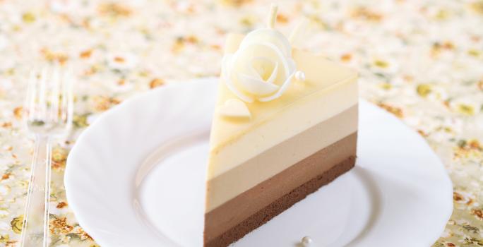 Fotografia de tons claros de uma torta diplomata, com creme preto e branco em camadas em um prato branco de sobremesa. Ao lado, um garfo pequeno de plástico sobre uma toalha de mesa colorida.