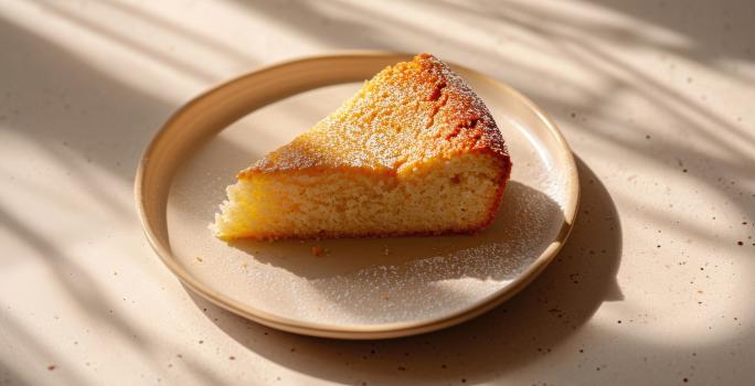 Fotografia de um pedaço de bolo de mel polvilhado com açúcar de confeiteiro, que está sob a luz do sol, apoiado em um prato na cor bege. O bolo está sobre uma mesa branca.