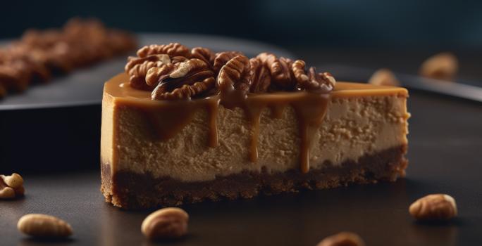 Fotografia mostra uma fatia de cheesecake com camadas de base biscoito, recheio de chocolate e cobertura de caramelo salgado brilhante, decorada com castanhas caramelizadas.