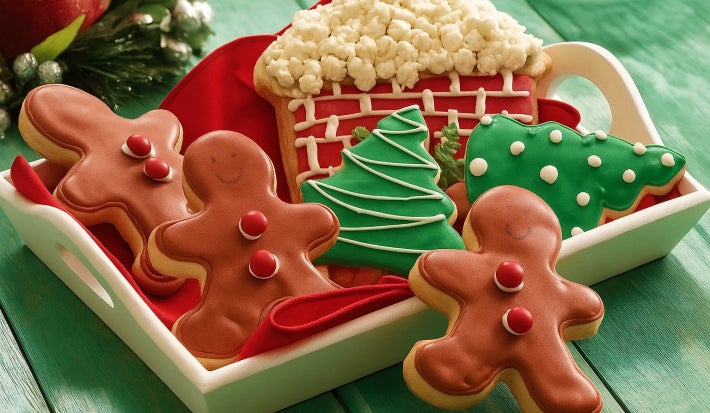 Bandeja com biscoitos de Natal decorados e coloridos em formato de casa, boneco e árvore.