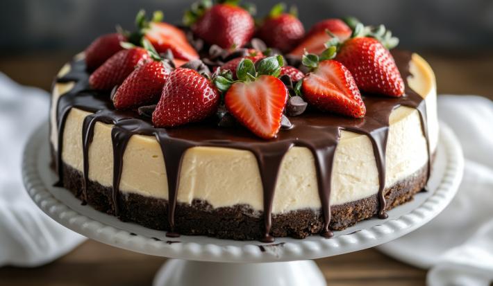 Fotograifa mostra uma torta de três camadas, com base escura de biscoito NEGRESCO, recheio cremoso de morango e cobertura brilhante de ganache de chocolate, decorada com morangos frescos e raspas de chocolate.