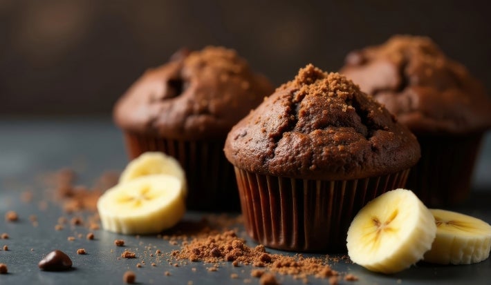 Três bolinhos de chocolate estão em destaque sobre uma superfície escura, decorada com fatias de banana e farelos de cacau ao redor. A textura dos bolinhos é visivelmente macia e úmida, com uma aparência caseira e aconchegante.