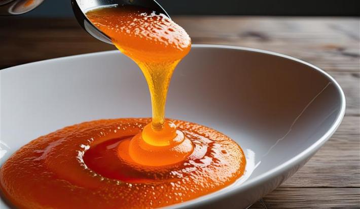 Imagem de um recipiente de vidro contendo uma calda laranja escorrendo por uma colher.