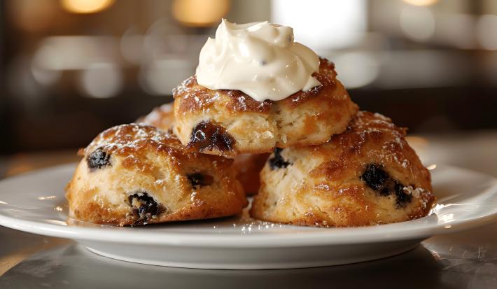 Fotografia em tons de marrom claro com um prato branco com  centro. Em cima do prato existe 4 scones cobertos com um creme branco de limão. Cada scone está polvilhado com açúcar de confeiteiro