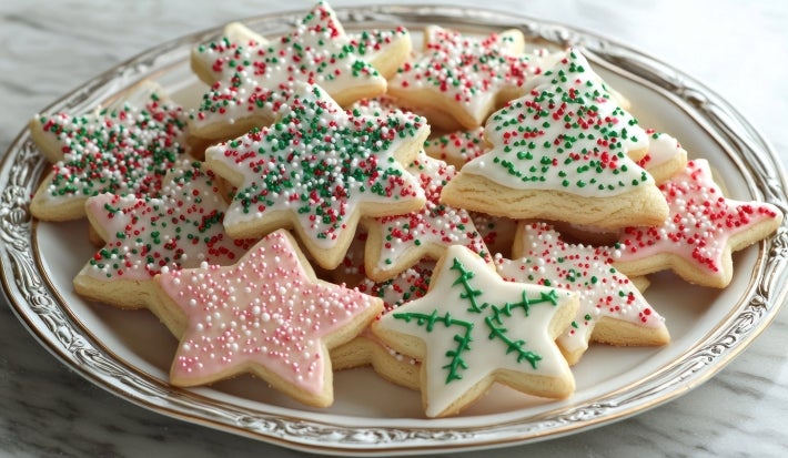 Em cima de uma mesa, prato redondo com biscoitos em formato de estrelas de Natal, decorados com glacê e confeitos de bolinhas coloridas.