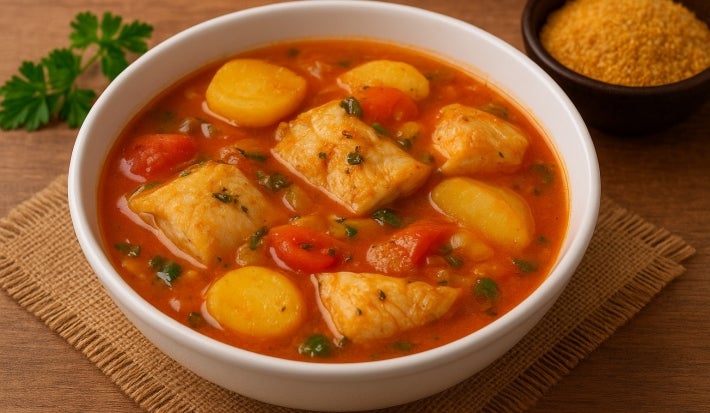 Fotografia de um recipiente médio branco e fundo com uma receita de caldeirada de filhote com batatas e tomate, salpicado com cheiro verde.