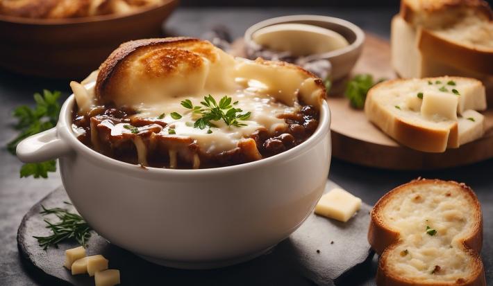 Fotografia de um recipiente branco fundo na cor branca com uma sopa de queijo fundido, com um pão por cima já assado. Ao redor, fatias de pães e pedaços de queijo decorando, sobre uma mesa preta.