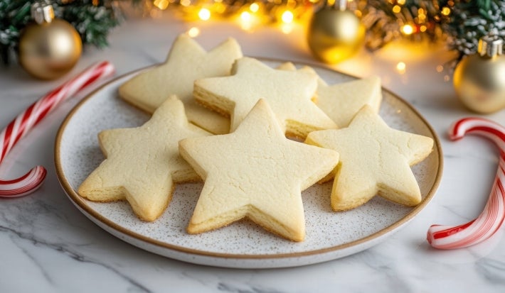 Em cima de uma mesa decoradas enfeites de natal, prato com biscoitos em formato de estrelas.