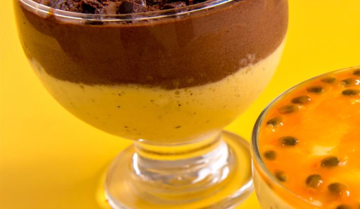 Fotografia de uma camada de ganache de chocolate sobre uma mousse de maracujá dentro de uma taça decorativa pequena. Por cima tem raspas de chocolate, e a taça está sobre uma mesa amarela.