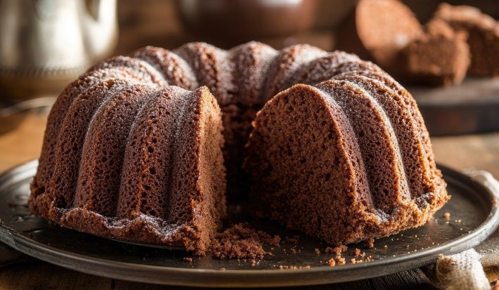 Fotografia de um bolo de chocolate em forma de Bundt, com uma fatia cortada que revela sua textura rica e úmida. O bolo é polvilhado com açúcar de confeiteiro, em um ambiente acolhedor com uma mesa de madeira rústica.