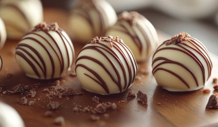 Fotografia mostra trufas natalinas dispostas em uma travessa decorativa, cobertas com chocolate branco decoradas com fios de chocolate.