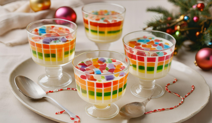 Receita de Gelatina Arco-Íris de Natal, tradicional e colorida, feita com gelatinas diferentes, Leite MOÇA e NESTLÉ Creme de Leite, servida em taças transparentes em uma mesa decorada para o natal