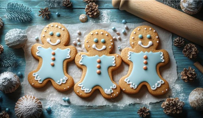Fotografia em tons de azul com biscoito em formato de urso e enfeites natalinos