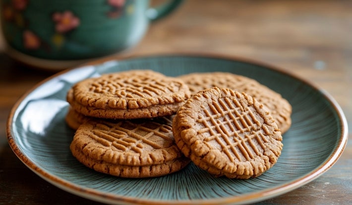 Em cima de uma mesa, prato redondo com biscoitos redondos, decorados com listas feitas com garfo.