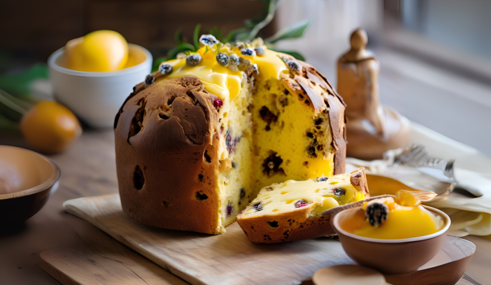 Fotografia em tons de dourado com um panetone ao centro. Por cima e ao centro do panettone existe uma ganache e maracujá