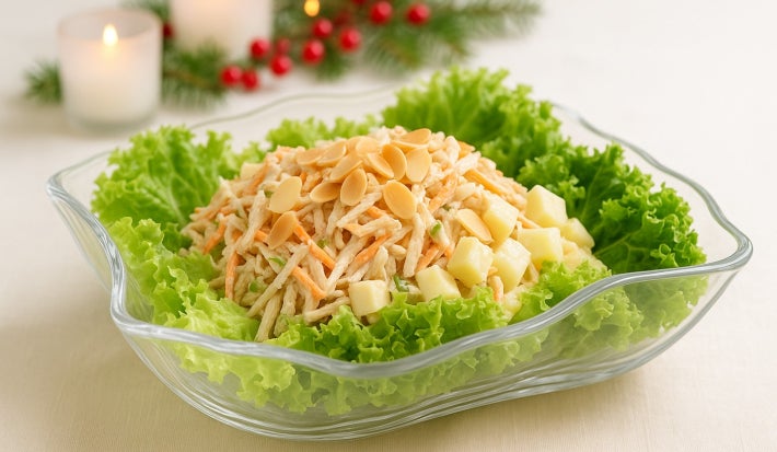 Fotografia de uma mesa com um recipiente de vidro fundo com a salada de alface e salpicão de frango dentro dele.