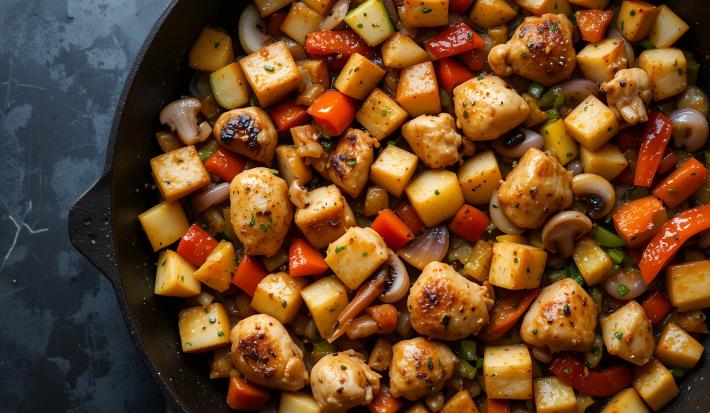 Fotografia vista de cima de cubos de frango com batata em cubos também e mais alguns legumes picados dentro de uma frigideira preta funda sobre uma mesa escura.