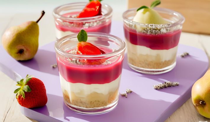 Fotografia em tons de roxo com três copinhos ao centro. Dentro de cada copo existe um doce que possui três camadas. Todos os doces estão cobertos por uma calda de morango e morangos. Ao fundo existe peras e morangos.