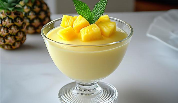 Fotografia de um recipiente de vidro pequeno com mousse de abacaxi com pedaços de abacaxi por cima, decorado com duas folhas de hortelã. O recipiente está sobre uma mesa branca, ao fundo tem dois abacaxis inteiros.