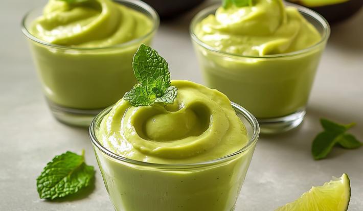Imagem de três potinhos de vidro com a receita de mousse de abacate decorados com uma folha de hortelã.