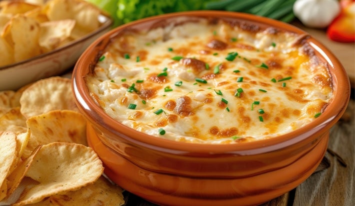 Prato de porcelana marrom com queijo gratinado e pedaços de salsinha picada.