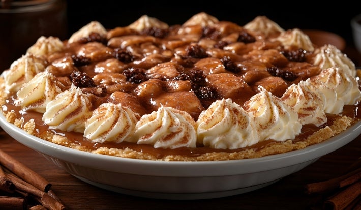 Em cima de uma mesa, refratário redondo com massa crocante, doce de leite, decorado com chantilly, bananas e uvas-passas.