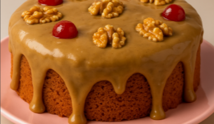 Imagem de um bolo em tons de marrom e dourado, coberto por uma calda marrom/bege que escorre pelas laterais, decorado com cerejas vermelhas e nozes. O bolo é redondo e está apoiado em um prato rosa claro. Imagem de um bolo em tons de marrom e dourado, coberto por uma calda marrom/bege que escorre pelas laterais, decorado com cerejas vermelhas e nozes. O bolo é redondo e está apoiado em um prato rosa claro.