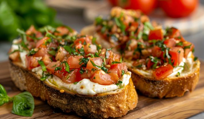 Fotografia de uma receita de crostini com queijo e tomates no pão, sobre uma tábua de madeira.